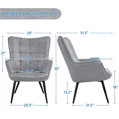 Mid-Century Modern Faux Leather Wingback Accent Chair, Set of 2, Gray