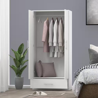 White 2-Door Wardrobe Armoire with Drawer and Hanging Rod, Dimensions: 66.9" H x 31.5" W x 18.9" D