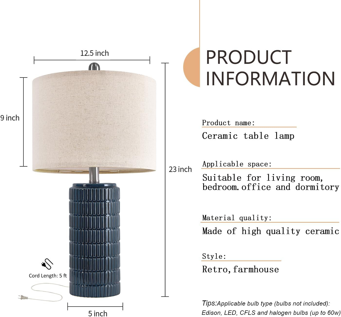 23" Blue Table Lamps, Farmhouse Bedside Lamps for Bedroom Set of 2, Ceramic End Table Lamps for Living Room, Traditional Nightstand Desk Lamps, Medium