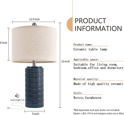 23" Blue Table Lamps, Farmhouse Bedside Lamps for Bedroom Set of 2, Ceramic End Table Lamps for Living Room, Traditional Nightstand Desk Lamps, Medium