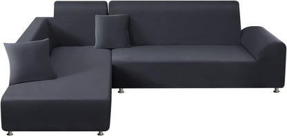 Sectional Couch Covers 2Pcs L-Shaped Sofa Covers Softness Furniture Slipcovers with 2Pcs Pillowcases L-Type Polyester Fabric Stretch Couch Covers 3 Seater + 3 Seater (Dark Gray)