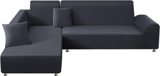 Sectional Couch Covers 2Pcs L-Shaped Sofa Covers Softness Furniture Slipcovers with 2Pcs Pillowcases L-Type Polyester Fabric Stretch Couch Covers 3 Seater + 3 Seater (Dark Gray)