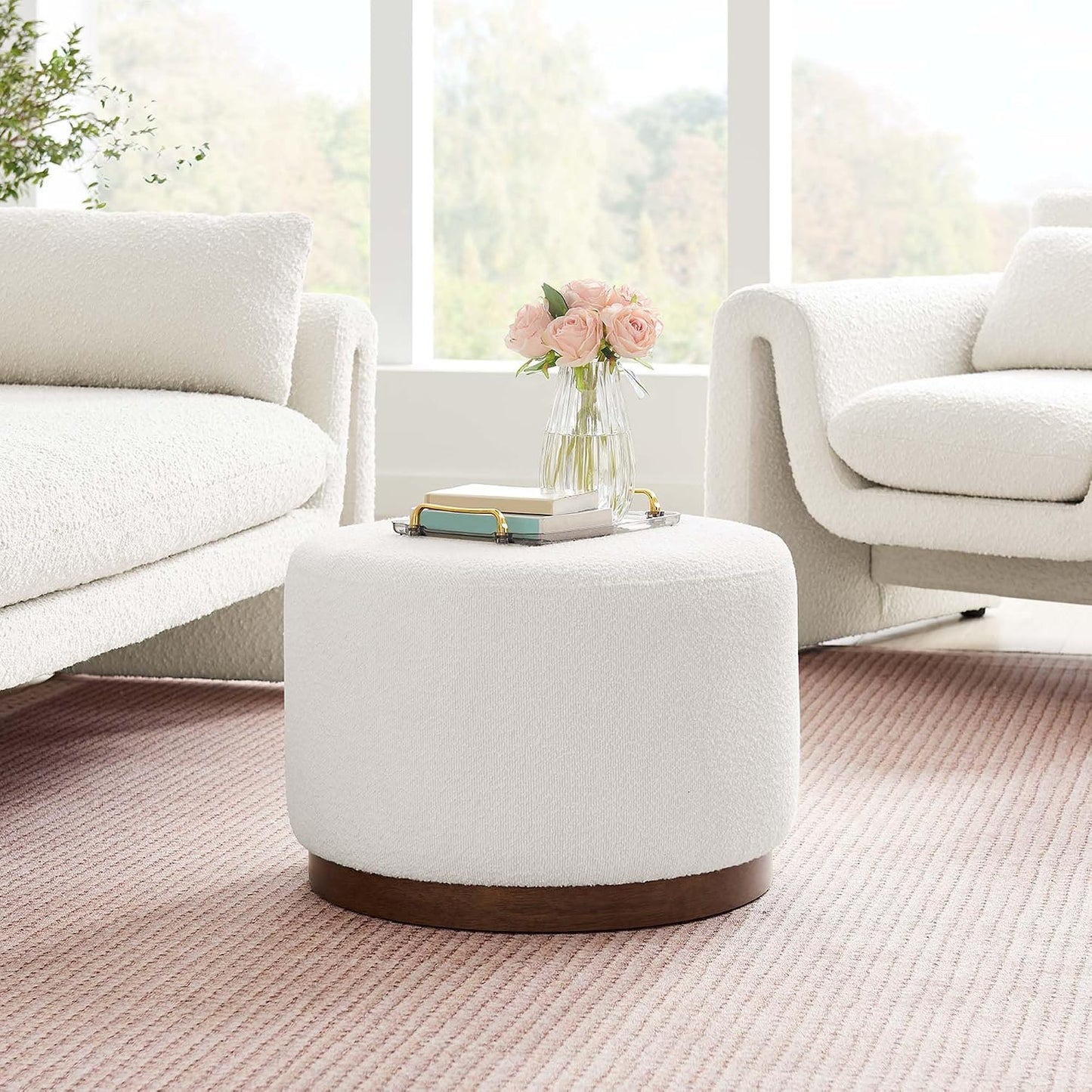 Large 23-Inch Round Boucle Upholstered Ottoman