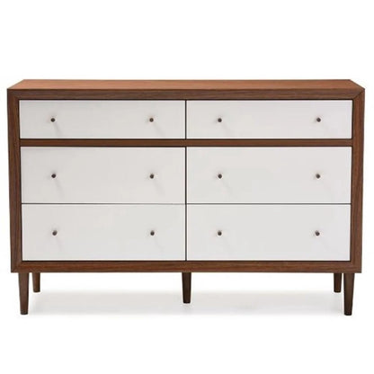 Baxton Studio Harlow Mid-Century Modern Scandinavian Style White and Walnut Wood 6-Drawer Storage Dresser