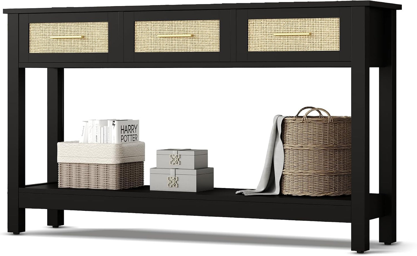 Black Rattan Console Table with Three Drawers - Modern Narrow Entryway Sofa Table for Living Room, Hallway, and Foyer Storage Decor