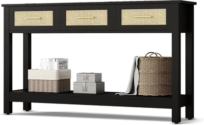Black Rattan Console Table with Three Drawers - Modern Narrow Entryway Sofa Table for Living Room, Hallway, and Foyer Storage Decor