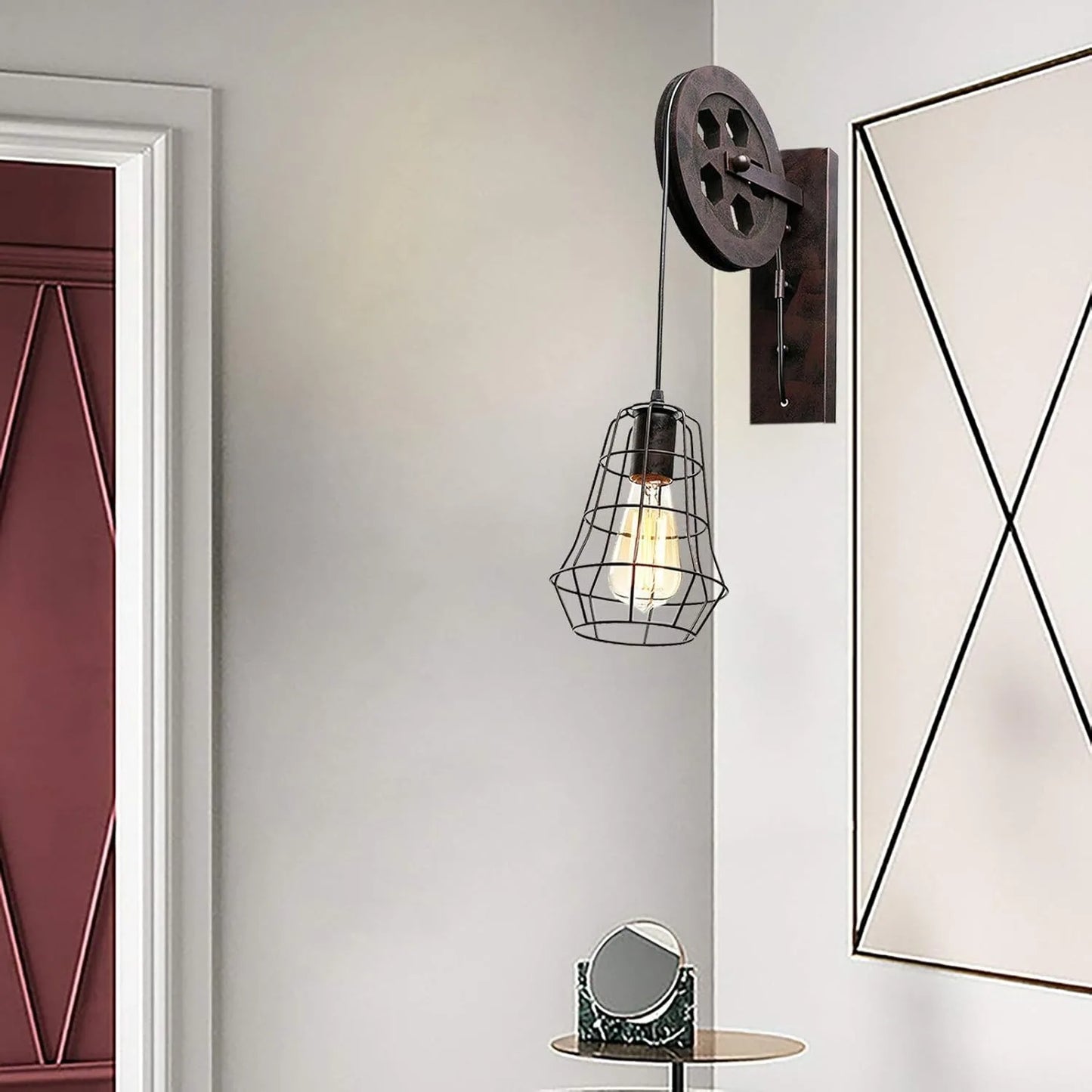 Industrial Vintage Wall Sconce with Lift Pulley and Iron Cage Lampshade for Indoor Illumination