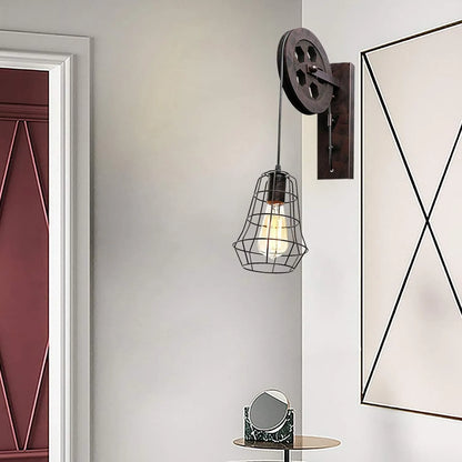Industrial Vintage Wall Sconce with Lift Pulley and Iron Cage Lampshade for Indoor Illumination