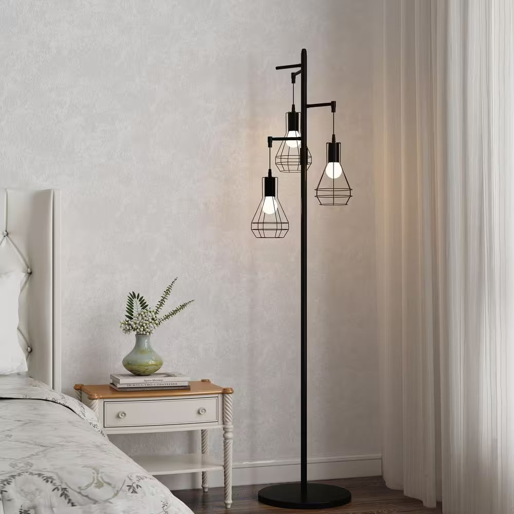 65-Inch 3-Light Black Farmhouse Industrial Tree Floor Lamp with Elegant Cage Shades