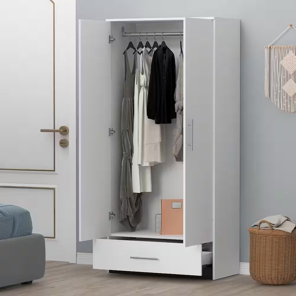 White 2-Door Wardrobe Armoire with Drawer and Hanging Rod, Dimensions: 66.9" H x 31.5" W x 18.9" D