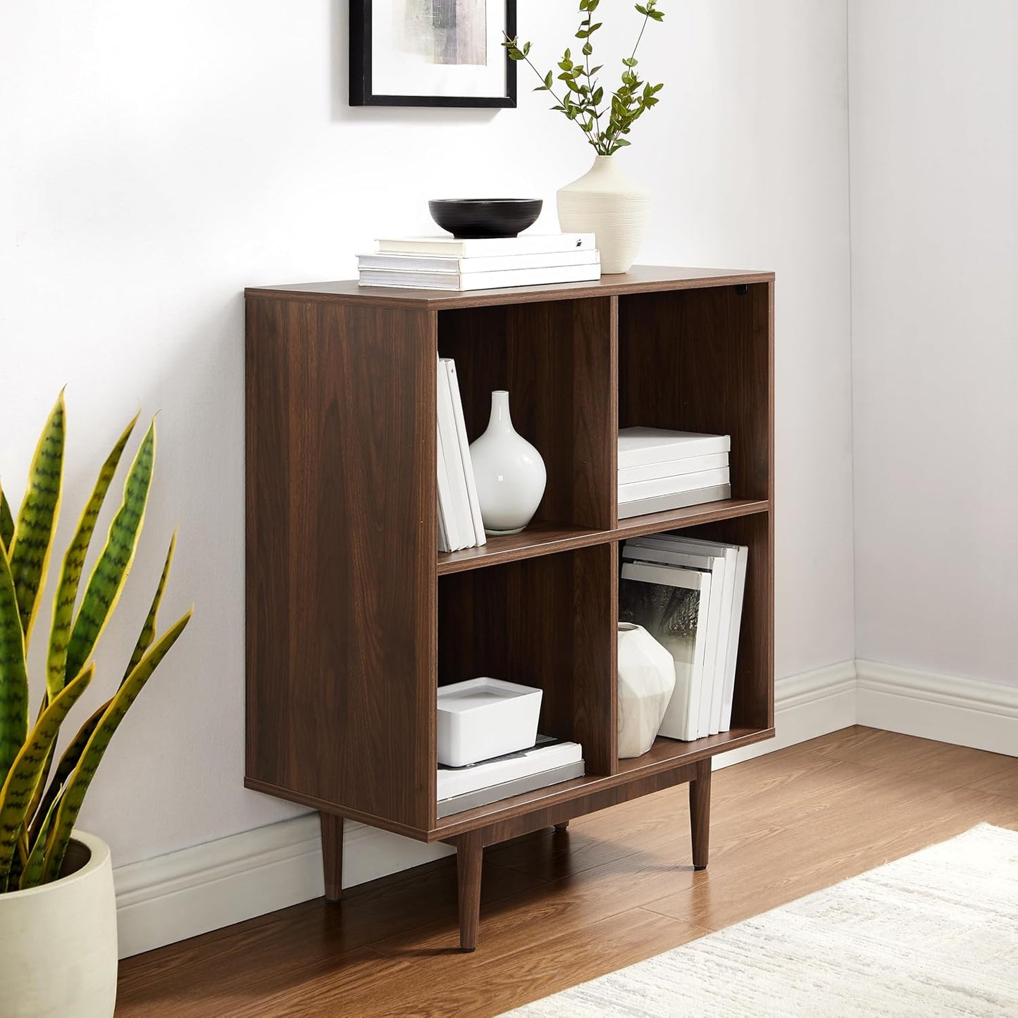 Liam Mid-Century Modern Vinyl Record Storage Media Stand with 4 Cubes, Walnut Finish