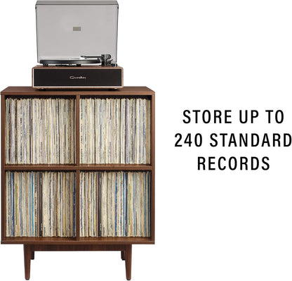 Liam Mid-Century Modern Vinyl Record Storage Media Stand with 4 Cubes, Walnut Finish