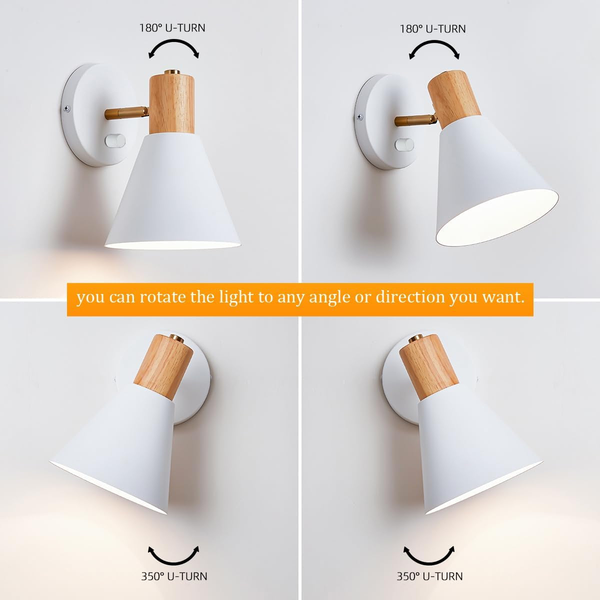 Wall Sconces Lighting Set of 2 for Bedroom, White Adjustable Wood Style Wall Sconce Reading Lamp, Wall Light for Bedroom Hallway Living Room (White-Hardwired, 2)