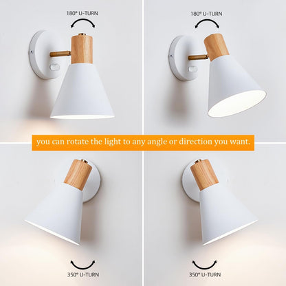 Wall Sconces Lighting Set of 2 for Bedroom, White Adjustable Wood Style Wall Sconce Reading Lamp, Wall Light for Bedroom Hallway Living Room (White-Hardwired, 2)