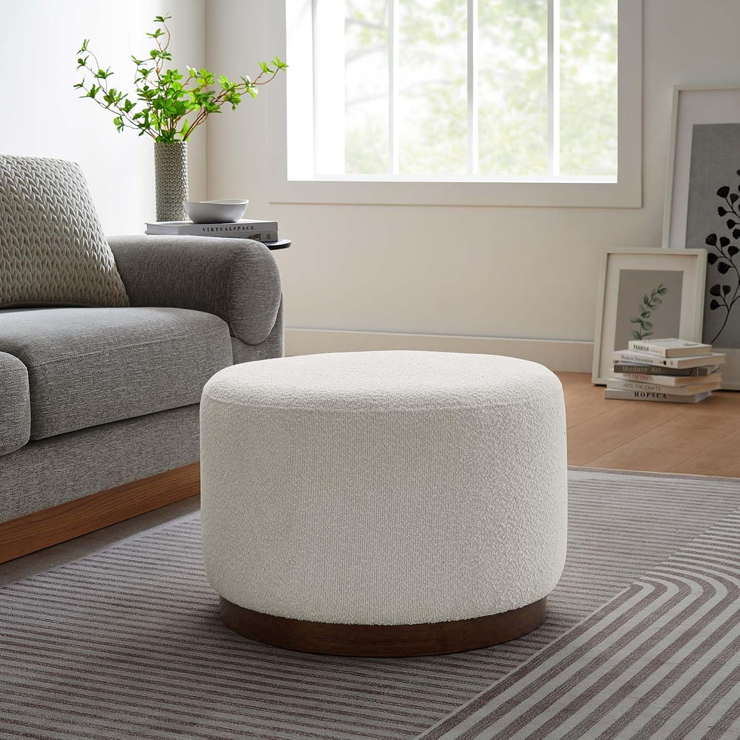 Large 23-Inch Round Boucle Upholstered Ottoman