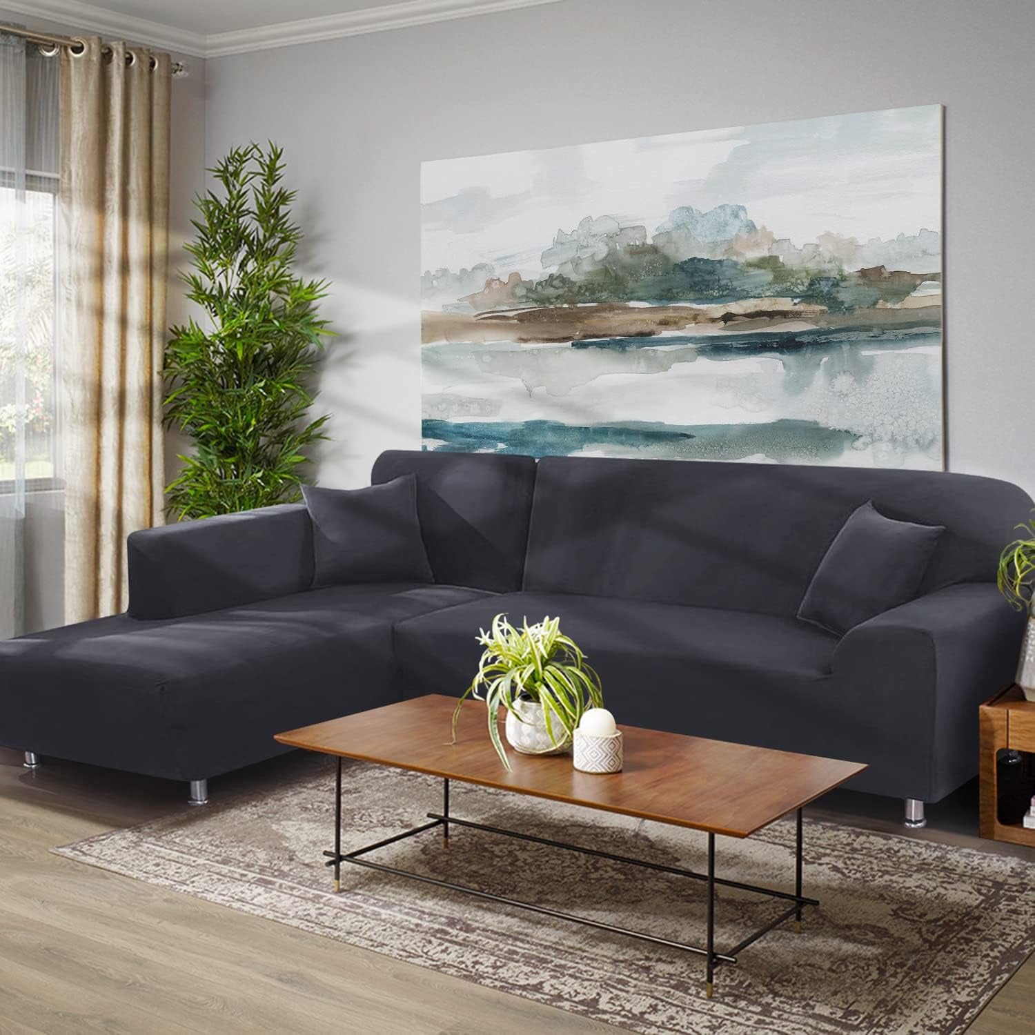 Sectional Couch Covers 2Pcs L-Shaped Sofa Covers Softness Furniture Slipcovers with 2Pcs Pillowcases L-Type Polyester Fabric Stretch Couch Covers 3 Seater + 3 Seater (Dark Gray)