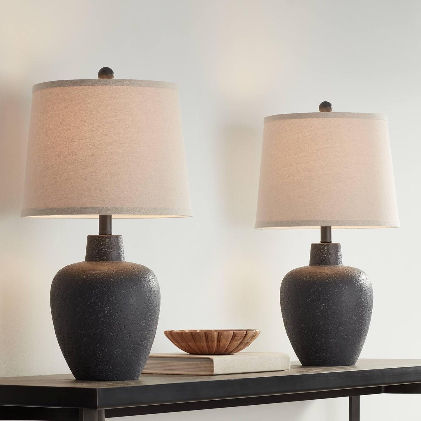 Romeo 23 1/2" High Jar Small Modern Coastal Accent Table Lamps Set of 2 Stone Gray Finish Fabric Beige Shade Living Room Bedroom Bedside Nightstand House Office Home Reading Kitchen