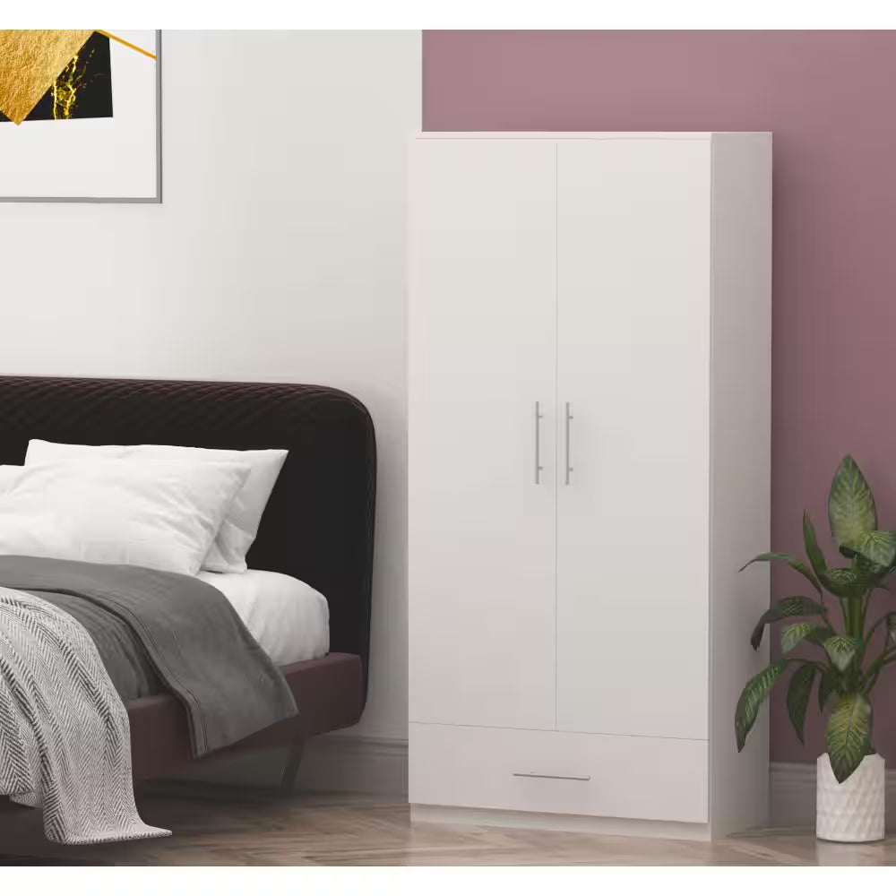 White 2-Door Wardrobe Armoire with Drawer and Hanging Rod, Dimensions: 66.9" H x 31.5" W x 18.9" D
