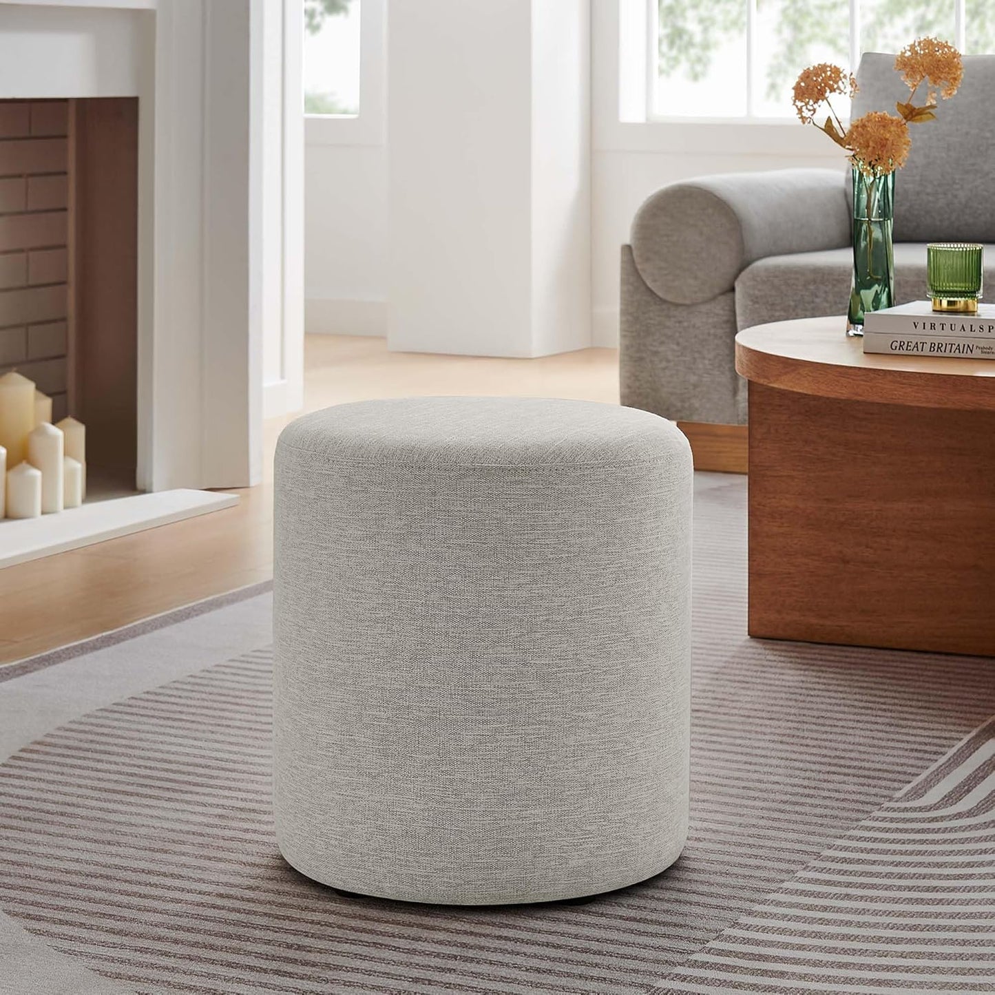 16-Inch Round Heathered Fabric Upholstered Ottoman