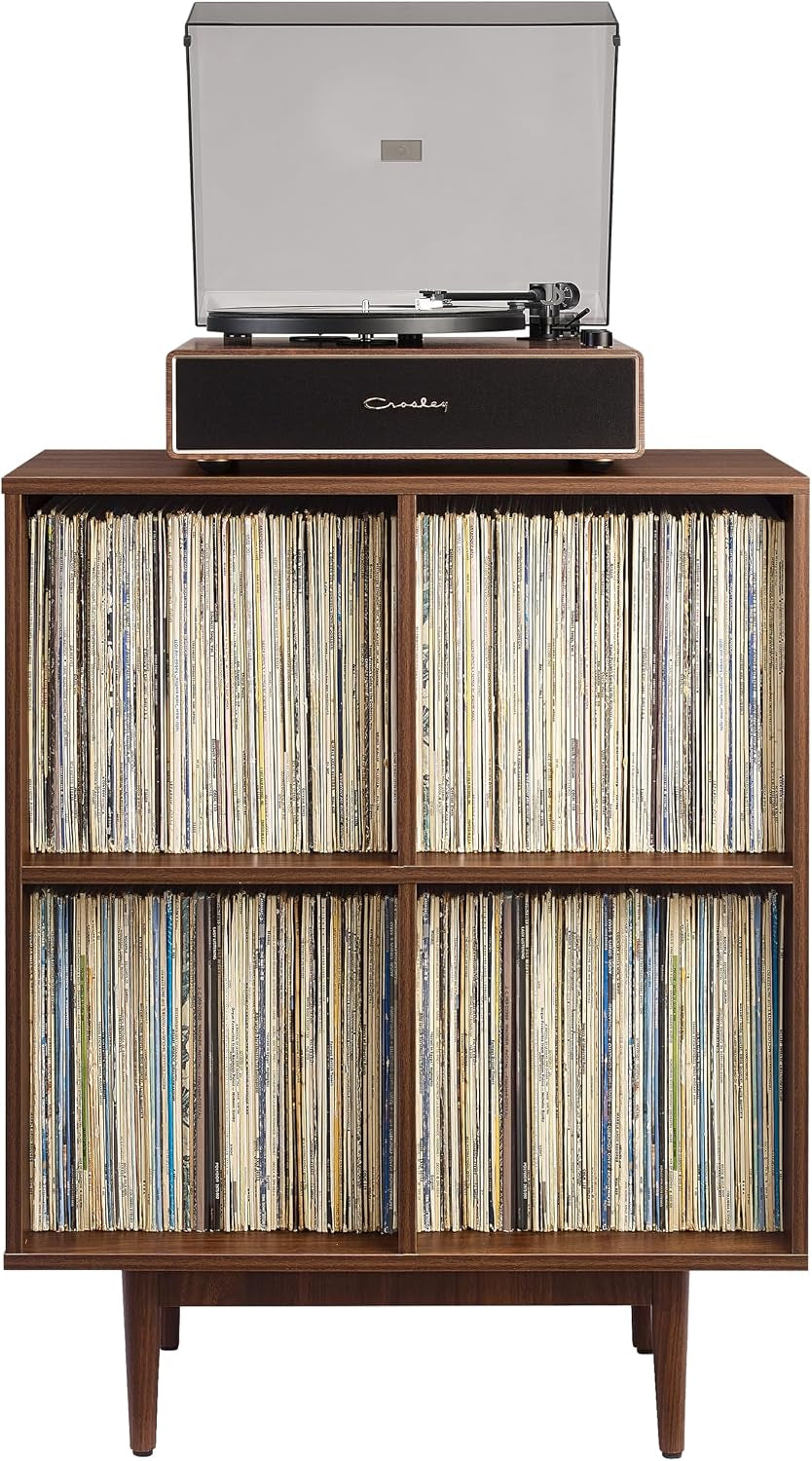 Liam Mid-Century Modern Vinyl Record Storage Media Stand with 4 Cubes, Walnut Finish