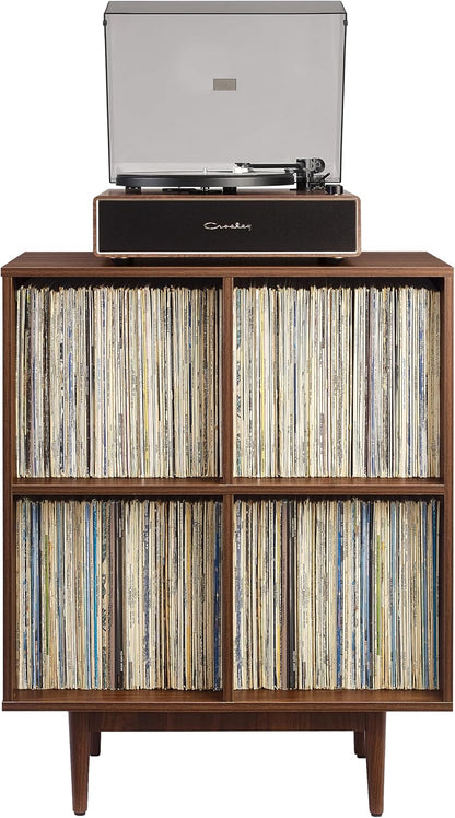 Liam Mid-Century Modern Vinyl Record Storage Media Stand with 4 Cubes, Walnut Finish