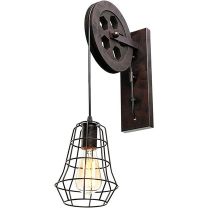 Industrial Vintage Wall Sconce with Lift Pulley and Iron Cage Lampshade for Indoor Illumination