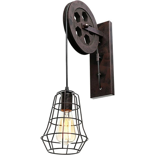 Industrial Vintage Wall Sconce with Lift Pulley and Iron Cage Lampshade for Indoor Illumination