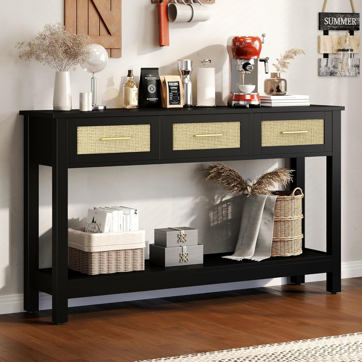 Black Rattan Console Table with Three Drawers - Modern Narrow Entryway Sofa Table for Living Room, Hallway, and Foyer Storage Decor
