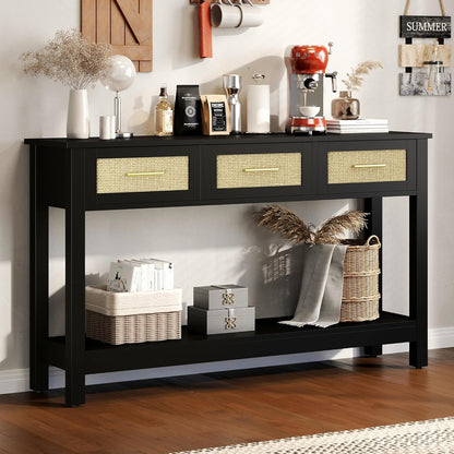 Black Rattan Console Table with Three Drawers - Modern Narrow Entryway Sofa Table for Living Room, Hallway, and Foyer Storage Decor