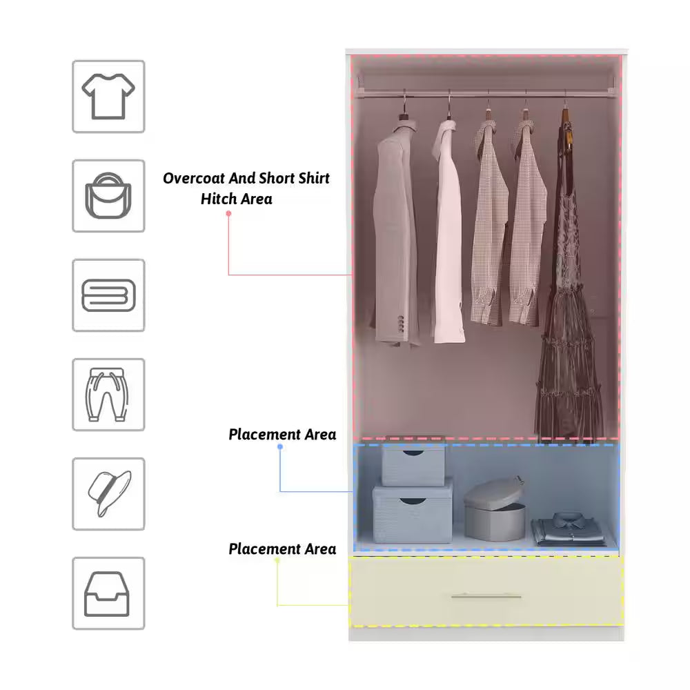 White 2-Door Wardrobe Armoire with Drawer and Hanging Rod, Dimensions: 66.9" H x 31.5" W x 18.9" D