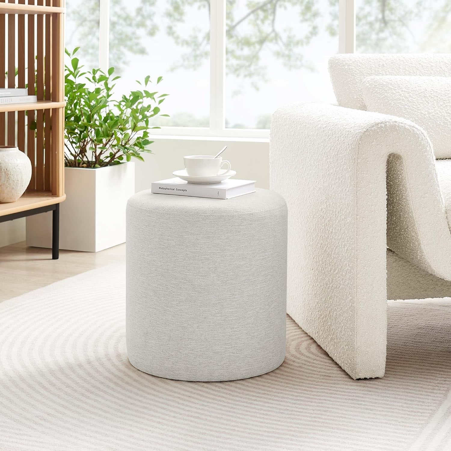 16-Inch Round Heathered Fabric Upholstered Ottoman