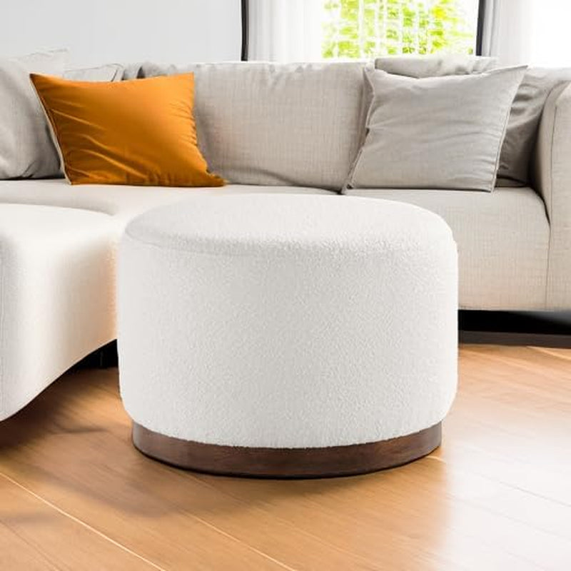 Large 23-Inch Round Boucle Upholstered Ottoman
