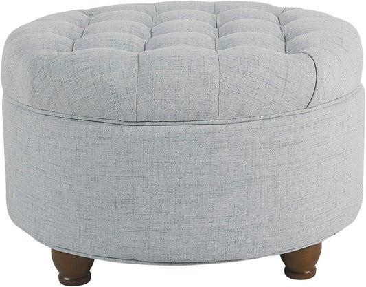 25" Button Tufted round Storage Ottoman - Light Blue