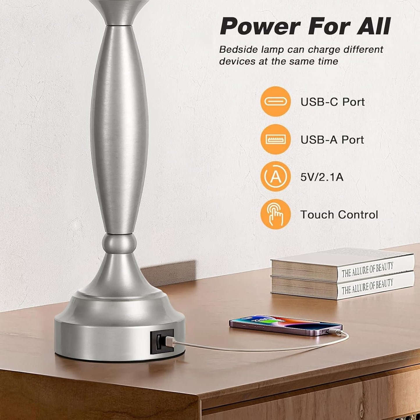 25.5" Touch Bedside Lamps for Nightstand Set of 2 - Bedroom Lamps with USB C+A, 3 Way Dimmable Nightstand Lamps, Brushed Nickel Table Lamps for Living Room (Bulbs Included)