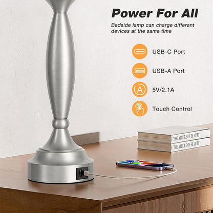 25.5" Touch Bedside Lamps for Nightstand Set of 2 - Bedroom Lamps with USB C+A, 3 Way Dimmable Nightstand Lamps, Brushed Nickel Table Lamps for Living Room (Bulbs Included)