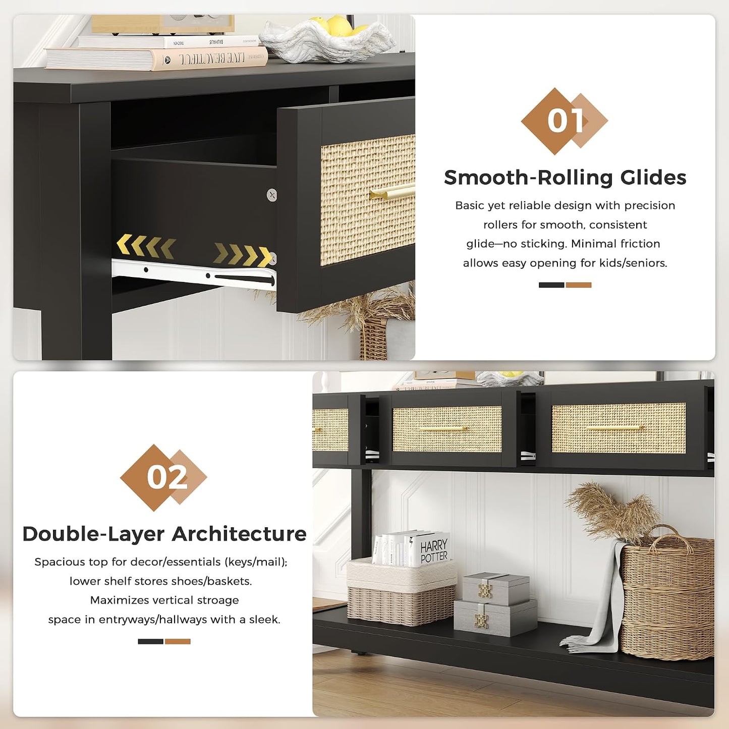 Black Rattan Console Table with Three Drawers - Modern Narrow Entryway Sofa Table for Living Room, Hallway, and Foyer Storage Decor