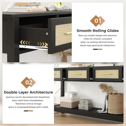 Black Rattan Console Table with Three Drawers - Modern Narrow Entryway Sofa Table for Living Room, Hallway, and Foyer Storage Decor