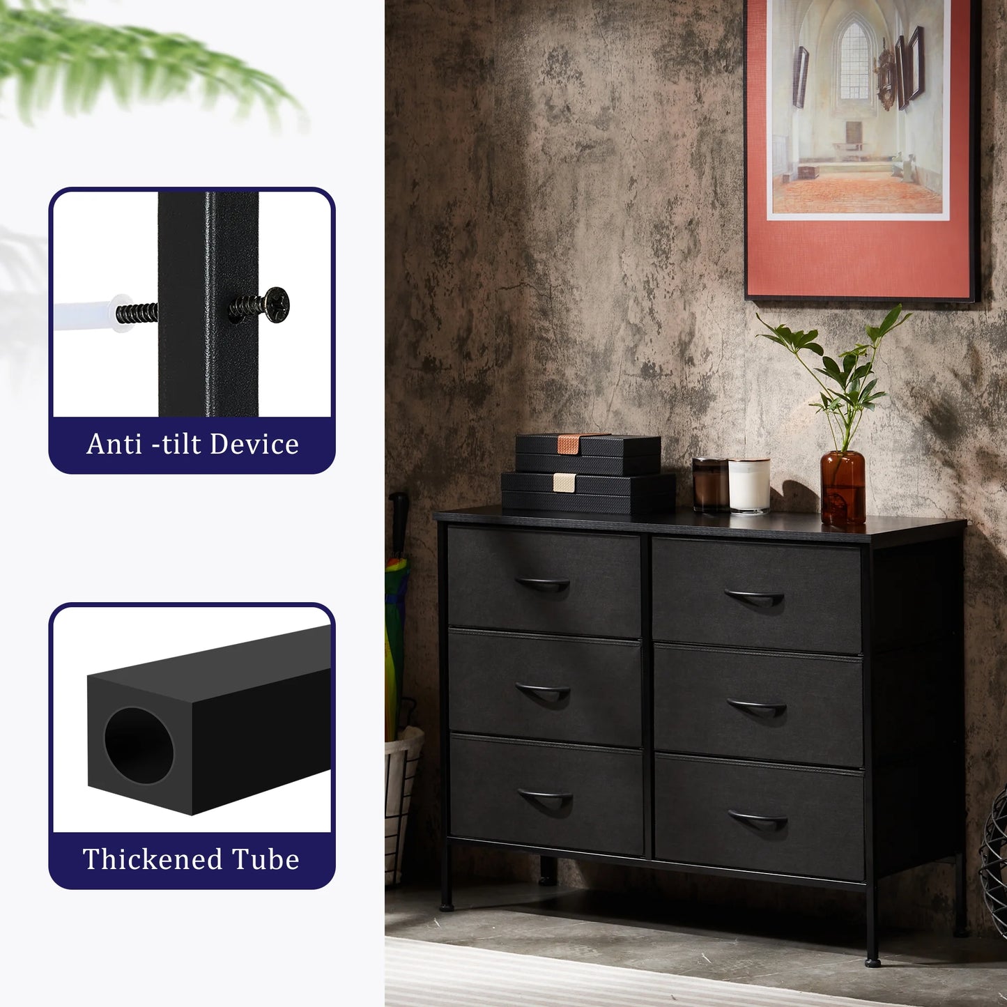 6 Drawer Dresser, Wide Chest of Drawers Nightstand Storage Tower Storage Fabric Dresser with Wood Top for Living Room, Bedroom, Hallway, Black
