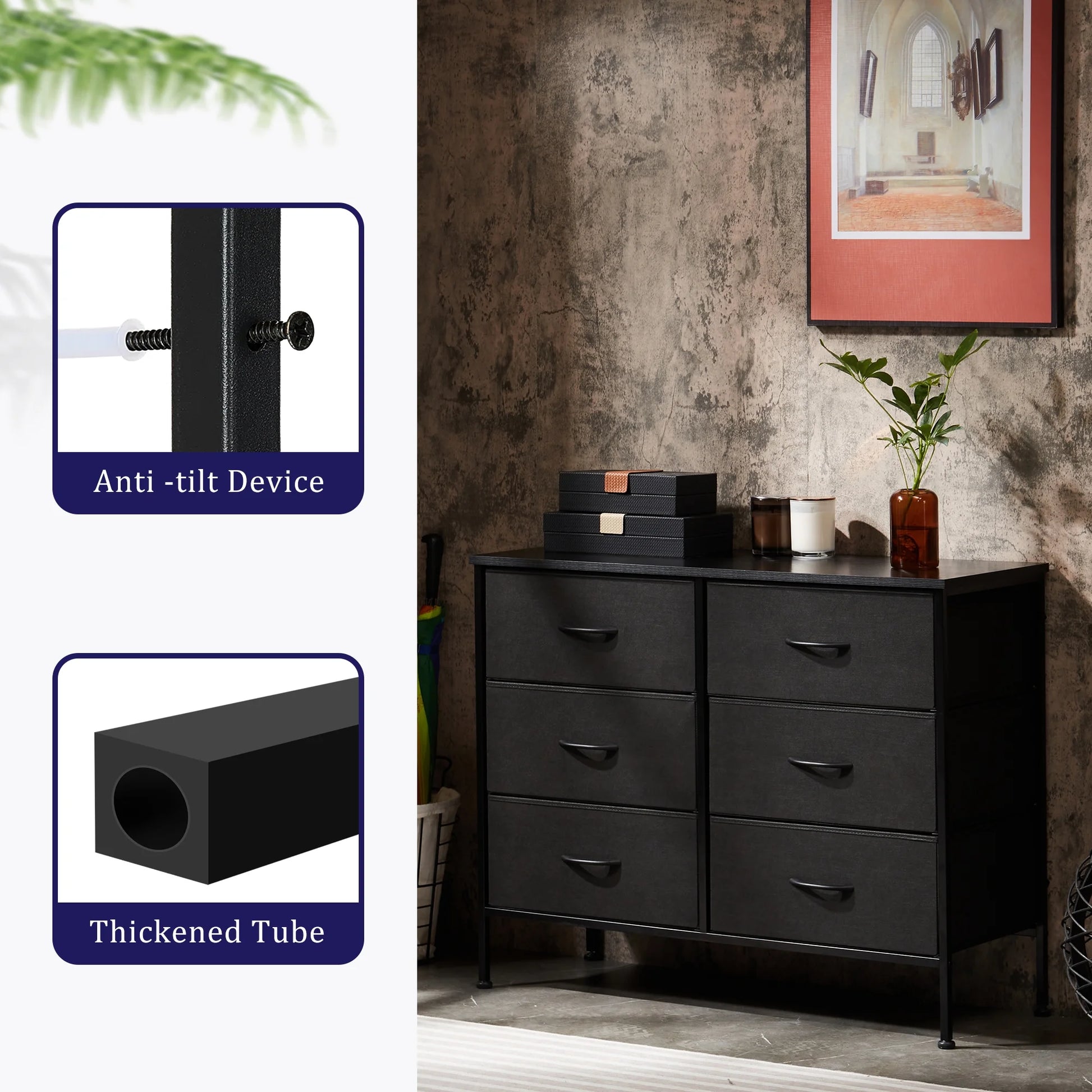 6 Drawer Dresser, Wide Chest of Drawers Nightstand Storage Tower Storage Fabric Dresser with Wood Top for Living Room, Bedroom, Hallway, Black