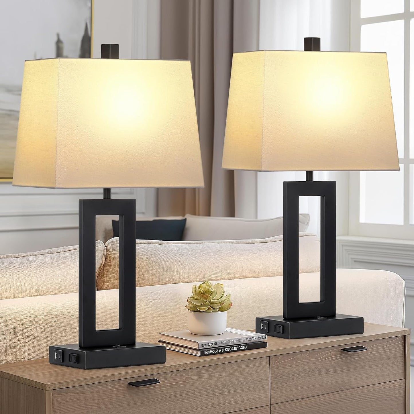 Table Lamp Set of 2 with USB C+A Ports & AC Outlet, Bedside Lamps, Modern Bedroom Lamps, Black Lamps for Bedroom Living Room,Nightstand Lamp（Push Button Swich/No Dimming