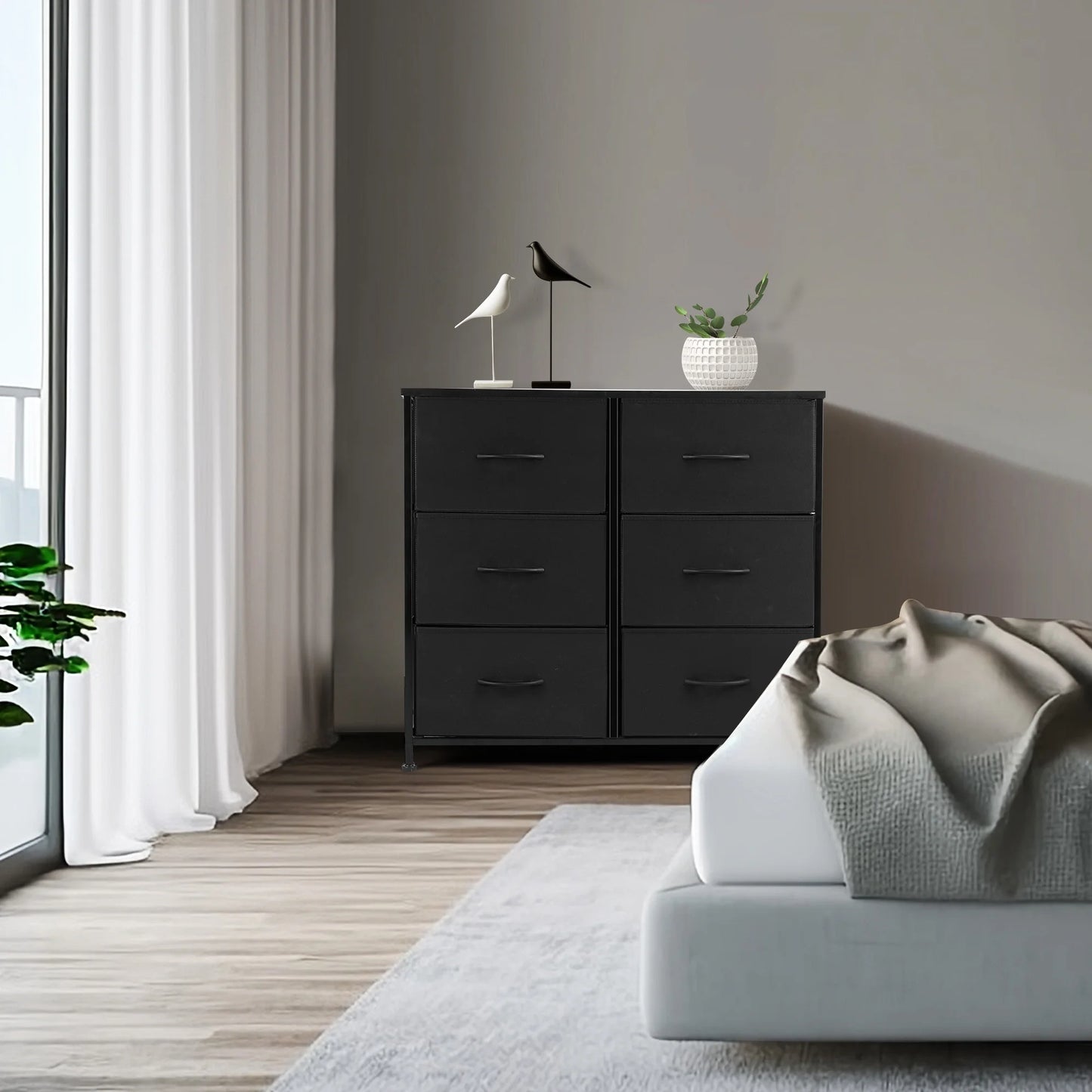 6 Drawer Dresser, Wide Chest of Drawers Nightstand Storage Tower Storage Fabric Dresser with Wood Top for Living Room, Bedroom, Hallway, Black