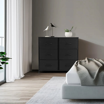 6 Drawer Dresser, Wide Chest of Drawers Nightstand Storage Tower Storage Fabric Dresser with Wood Top for Living Room, Bedroom, Hallway, Black