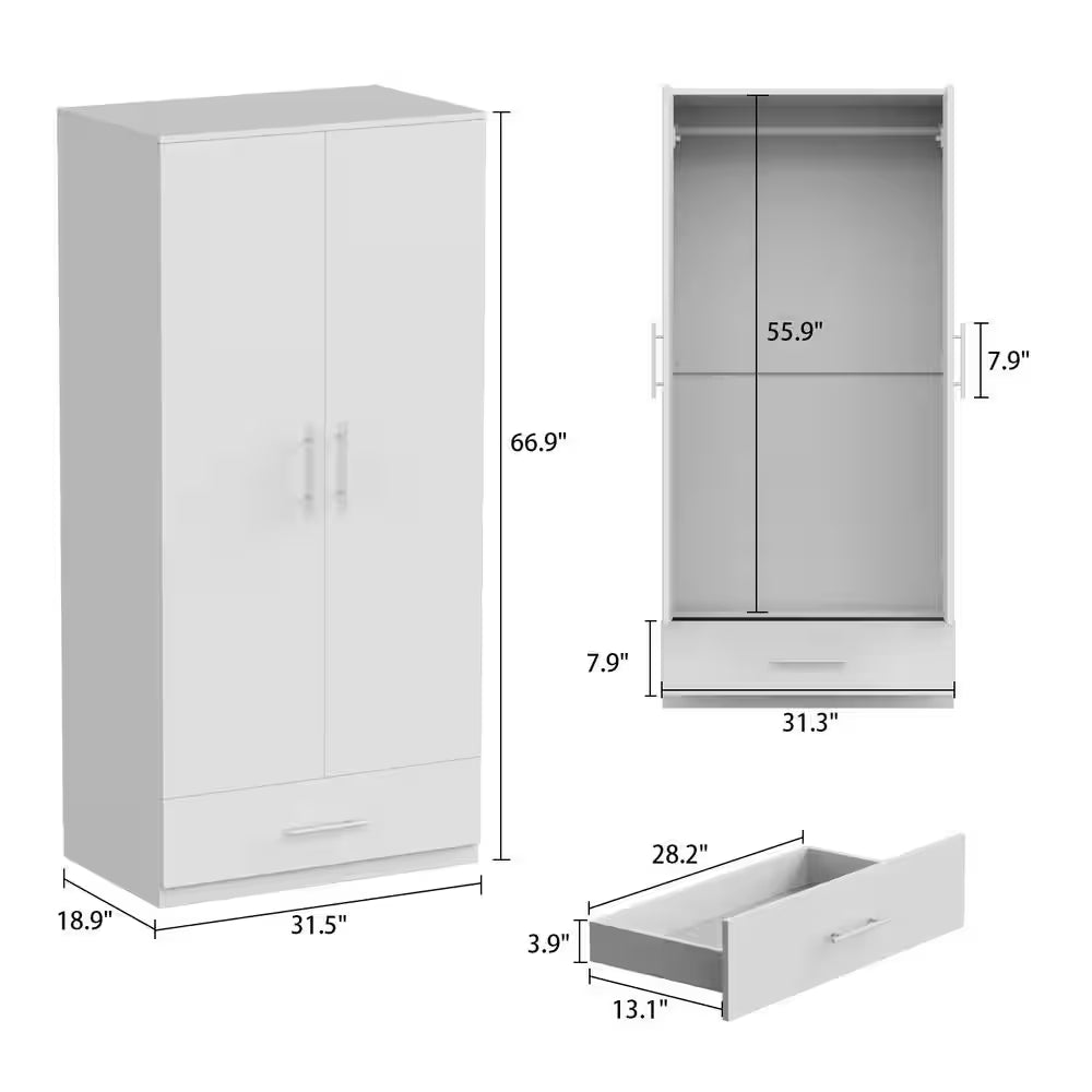White 2-Door Wardrobe Armoire with Drawer and Hanging Rod, Dimensions: 66.9" H x 31.5" W x 18.9" D