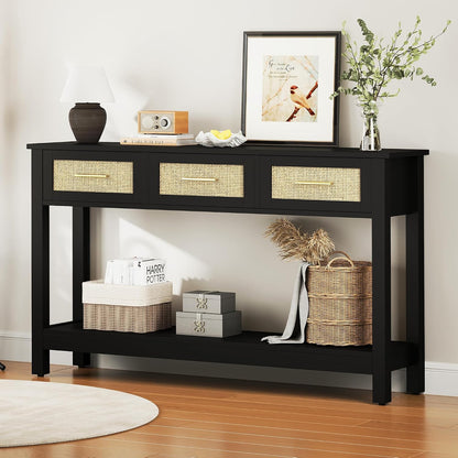Black Rattan Console Table with Three Drawers - Modern Narrow Entryway Sofa Table for Living Room, Hallway, and Foyer Storage Decor