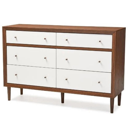Baxton Studio Harlow Mid-Century Modern Scandinavian Style White and Walnut Wood 6-Drawer Storage Dresser