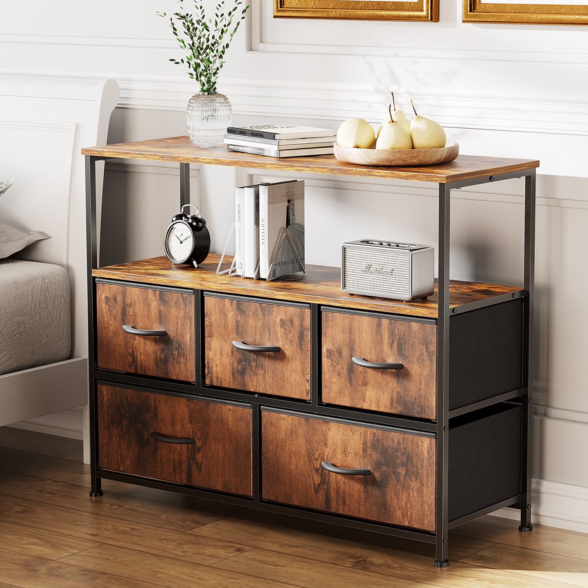 Dresser TV Stand, Entertainment Center with Fabric Drawers, Media Console Table with Open Shelves for TV up to 45 Inch for Bedroom, Living Room, Entryway, Rustic Brown