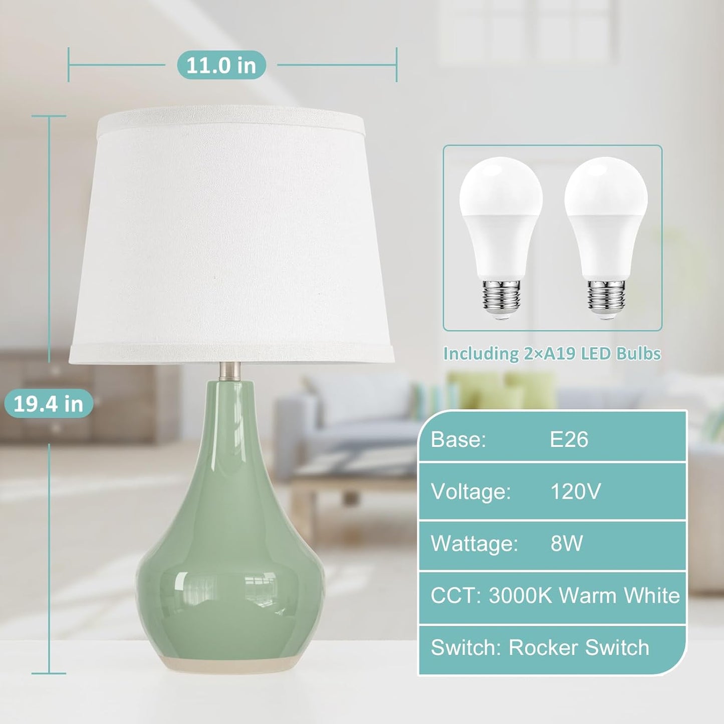 Modern Green Table Lamps Set of 2 - Bedside Lamps for Night Stands, 19.4" Bedroom Lamps for Living Room Sage Green Lamps with Rocker Switch