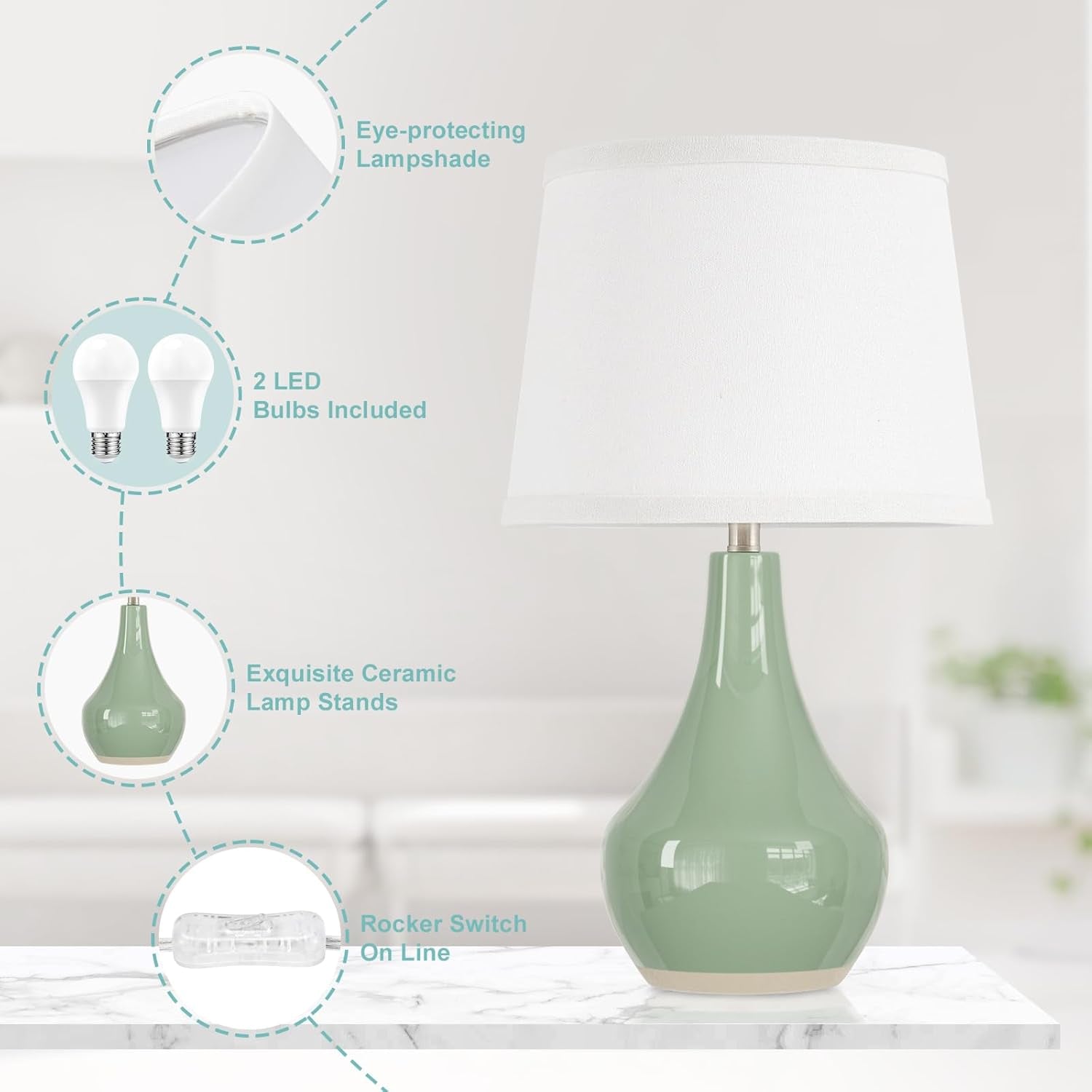 Modern Green Table Lamps Set of 2 - Bedside Lamps for Night Stands, 19.4" Bedroom Lamps for Living Room Sage Green Lamps with Rocker Switch
