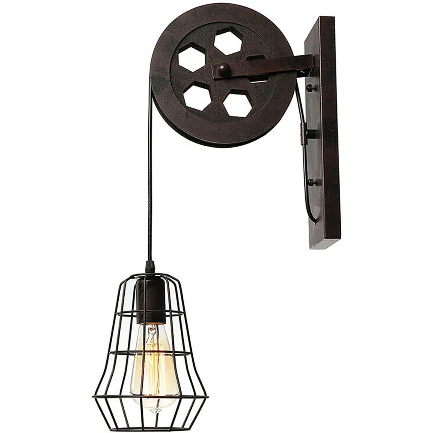 Industrial Vintage Wall Sconce with Lift Pulley and Iron Cage Lampshade for Indoor Illumination