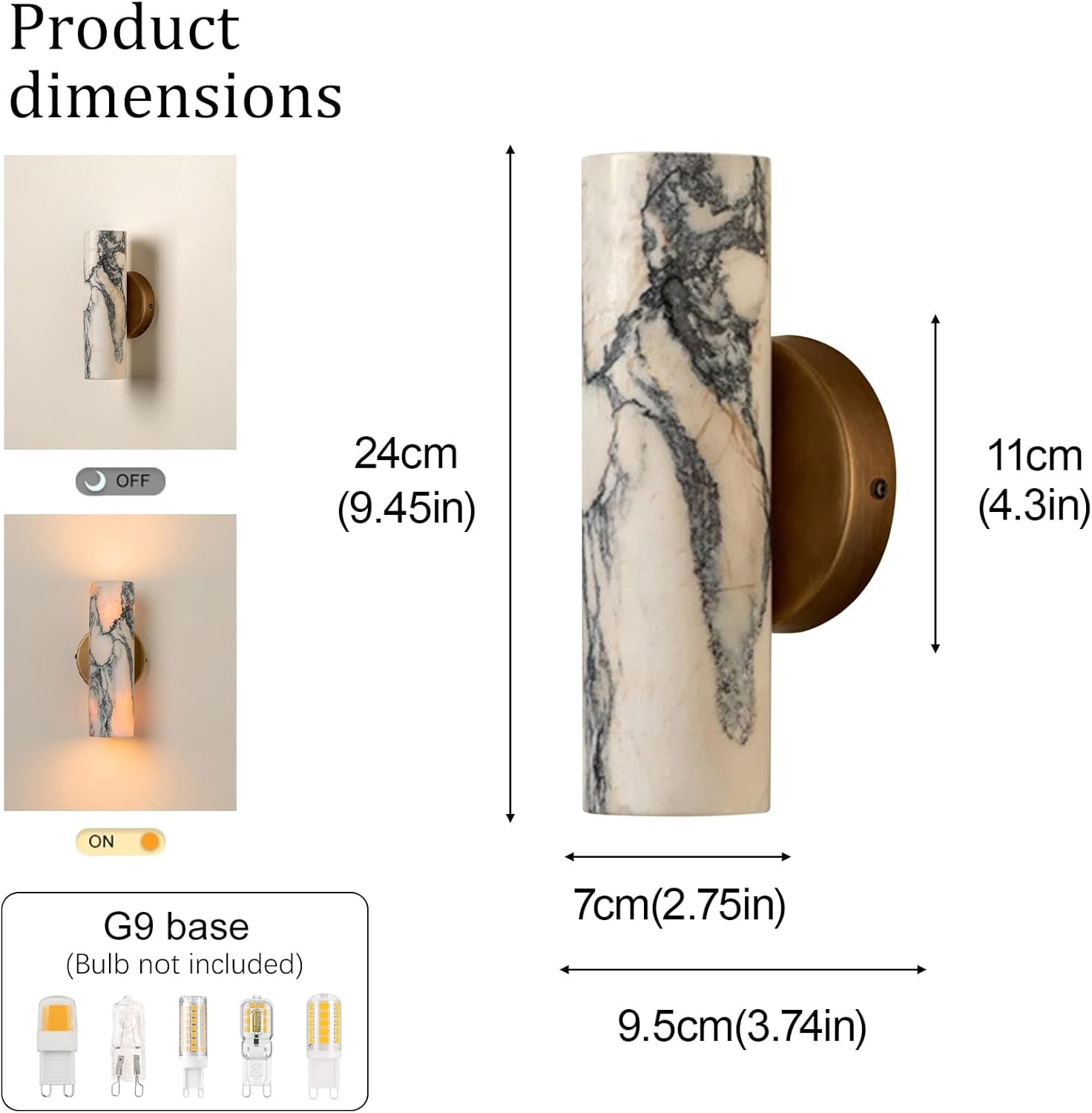 9.45-Inch Alabaster Wall Sconces - Nordic Style Natural Stone Wall Lamp with Marble Lampshade, Up and Down Lighting Fixtures, Metal Base Hardwired Indoor Wall Light for Bedroom, Bedside, and Hallway